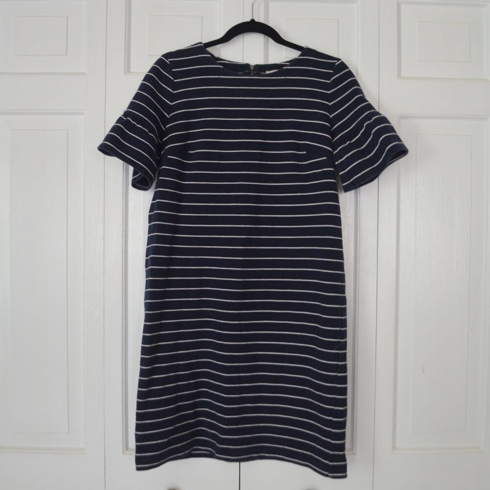 LOFT Women's Navy Blue & White Striped Ruffle Sleeve Shift Dress Size M